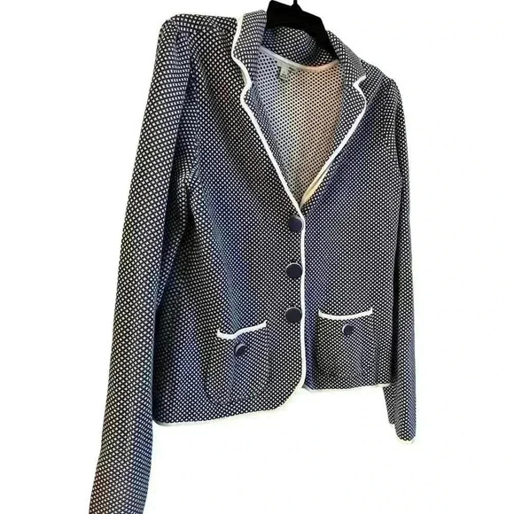 Halogen Women's Jacket Blazer 100% Cotton Blue White Fleur-de-lis Button Front L - Picture 2 of 7